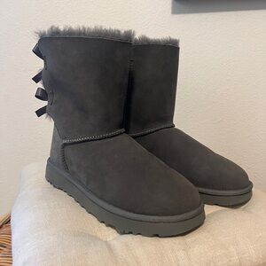 UGG Gray Suede Shearling-Trim Ankle Boots with Back Bows